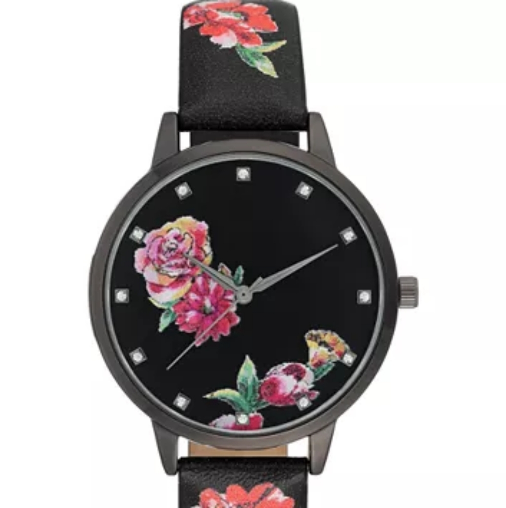 Women's Black Floral Faux Leather Strap Watch